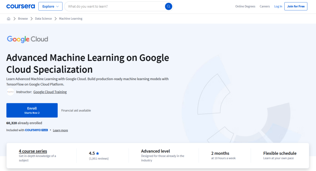 The Advanced Machine Learning on Google Cloud Specialization course enrollment page