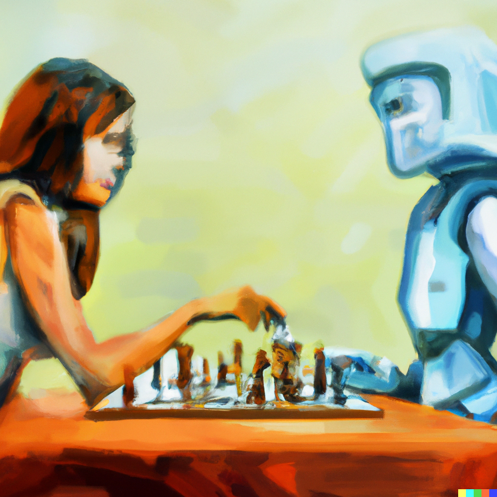 Human software tester playing chess with AI robot software tester