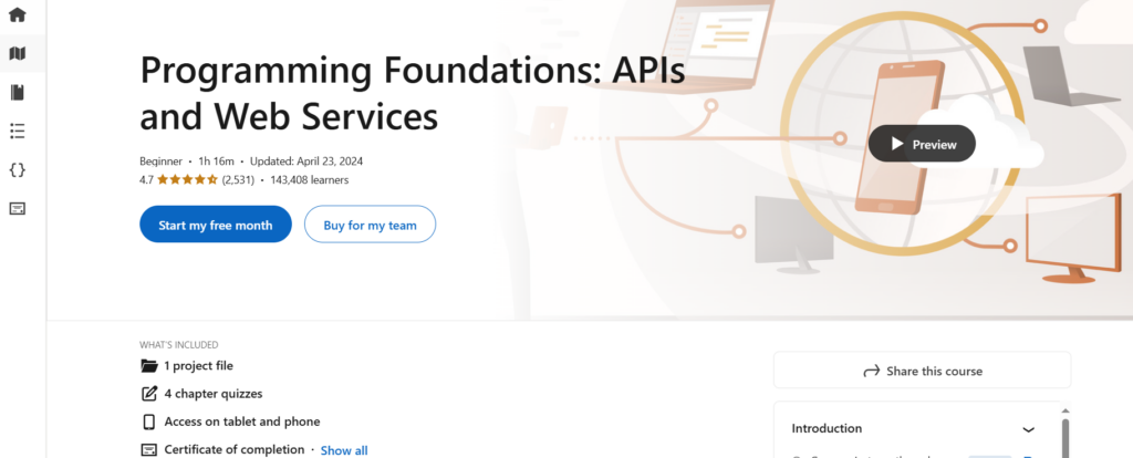 Screenshot of the Programming Foundations: APIs and Web Services course landing page