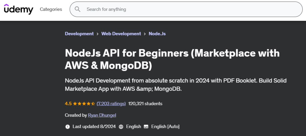 Screenshot of the NodeJs API for Beginners course page