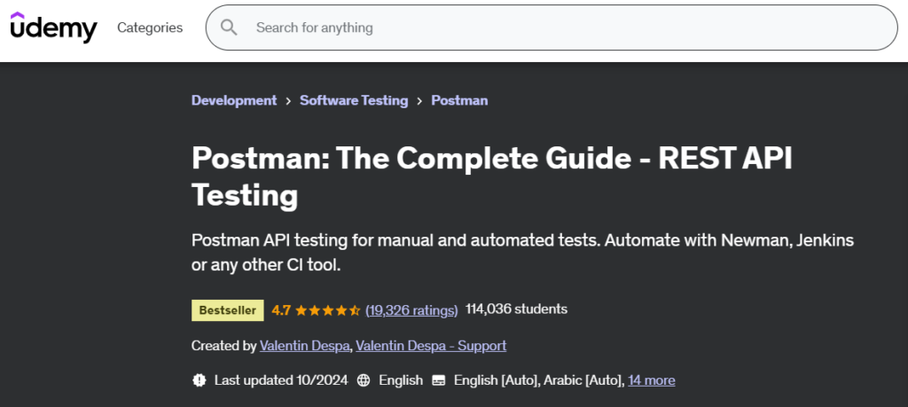Screenshot of the Postman: The Complete Guide - REST API Testing course page
