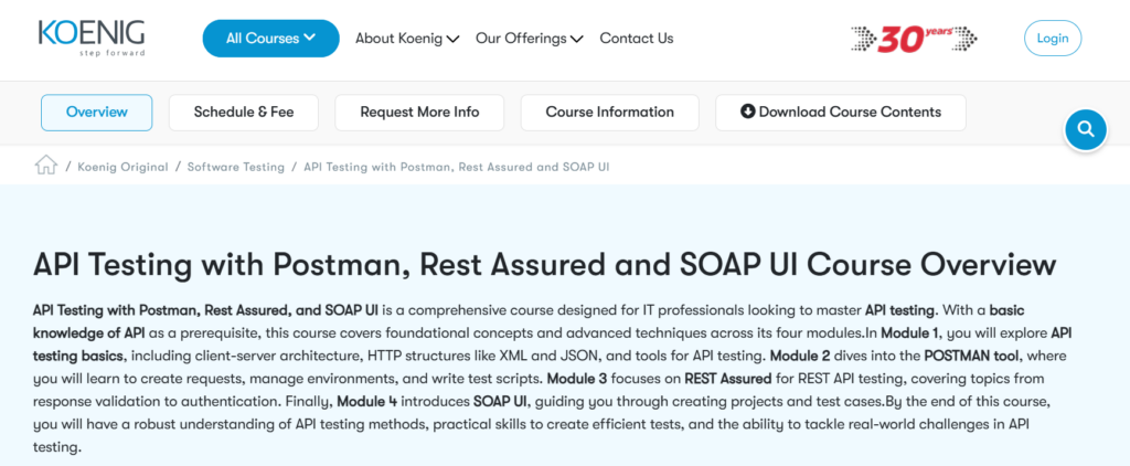 Screenshot of the API Testing with Postman, Rest Assured and SOAP UI Course overview page