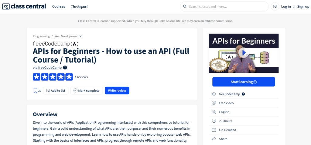 Screenshot of the APIs for Beginners - How to use an API course overview
