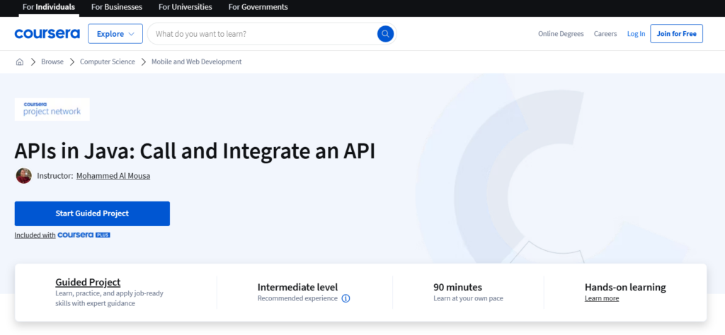 Screenshot of the APIs in Java: Call and Integrate an API course landing page