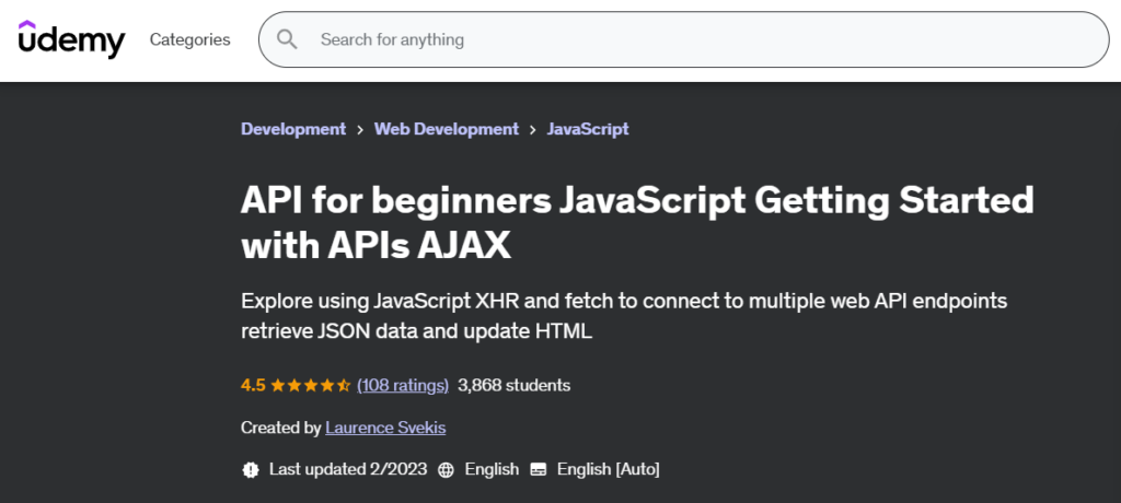 The API for beginners JavaScript Getting Started with APIs AJAX course page screenshot