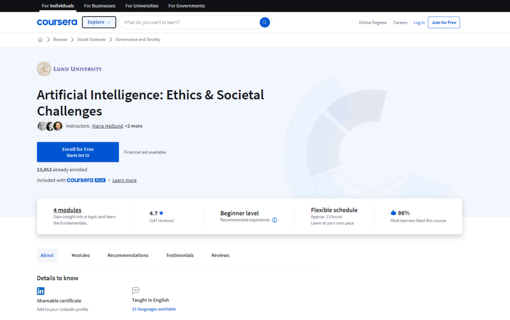 Artificial Intelligence: Ethics & Societal Challenges course landing page