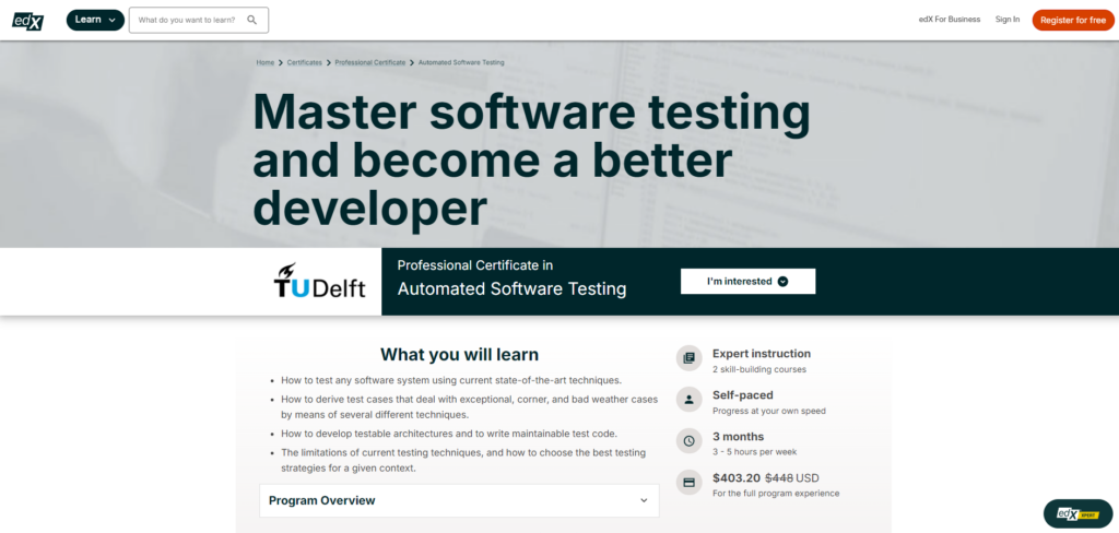 Automated Software Testing Professional Certificate landing page