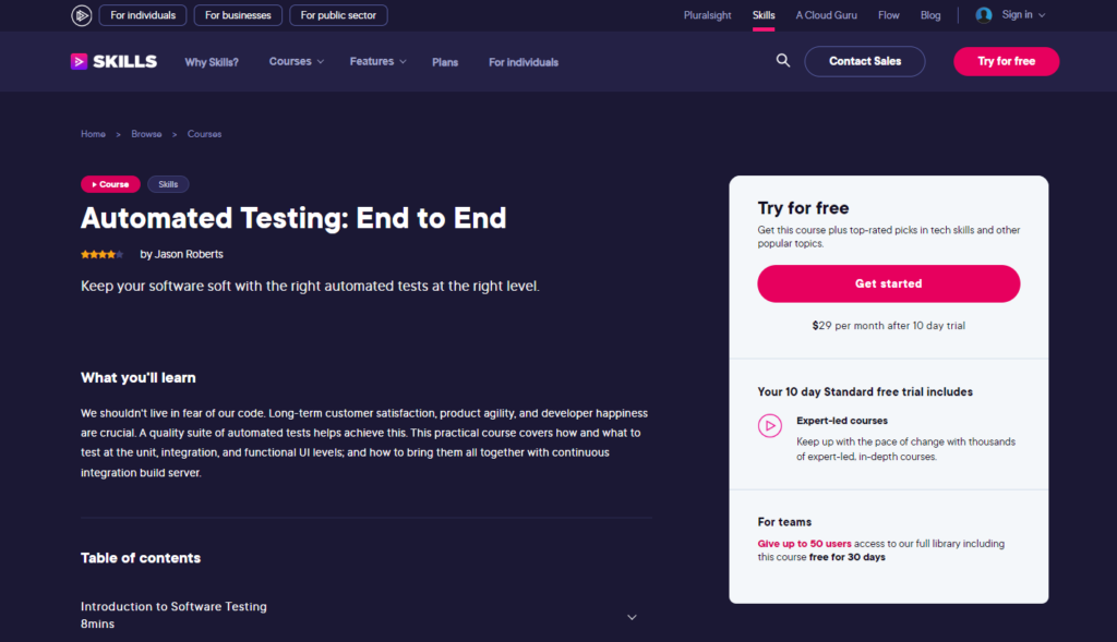 Automated Testing: End to End course landing page