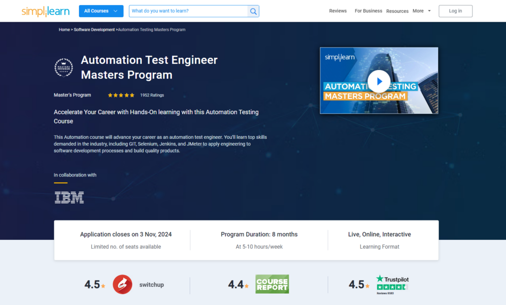 Automation Test Engineer Masters Program course landing page