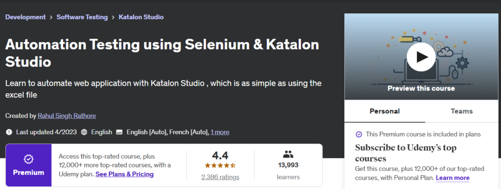 Automation Testing using Selenium & Katalon Studio course landing page
