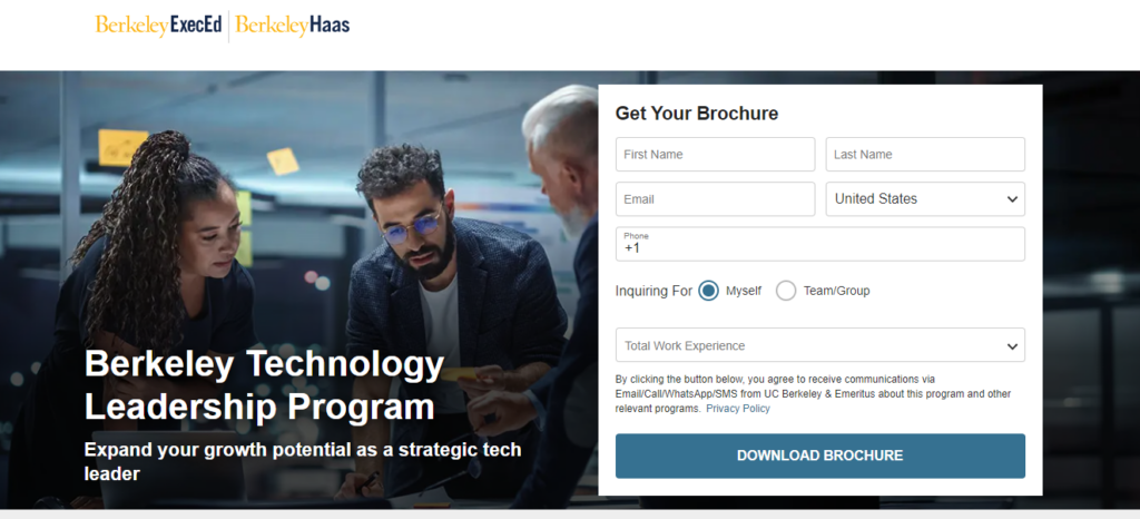 A screenshot of for the landing page of the Berkeley Technology Leadership program