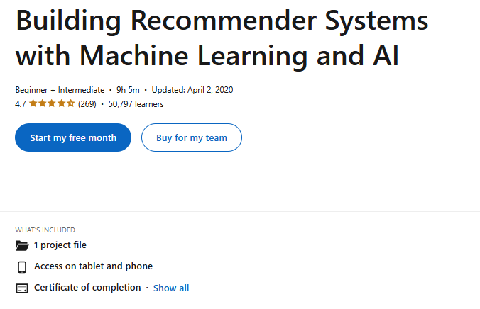 The Building Recommender Systems with Machine Learning and AI course enrollment page