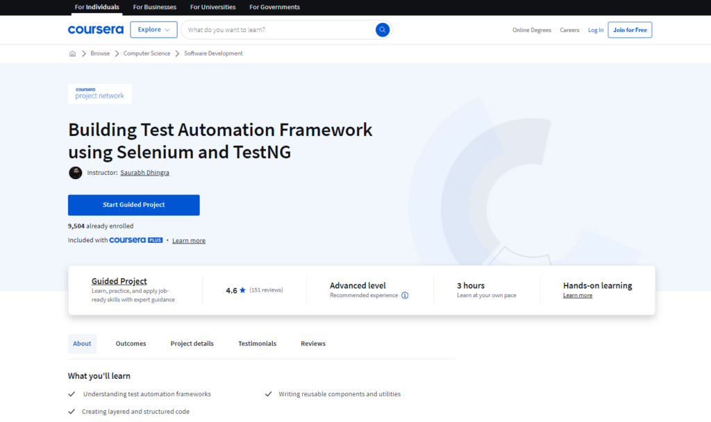 Building Test Automation Framework using Selenium and TestNG course landing page