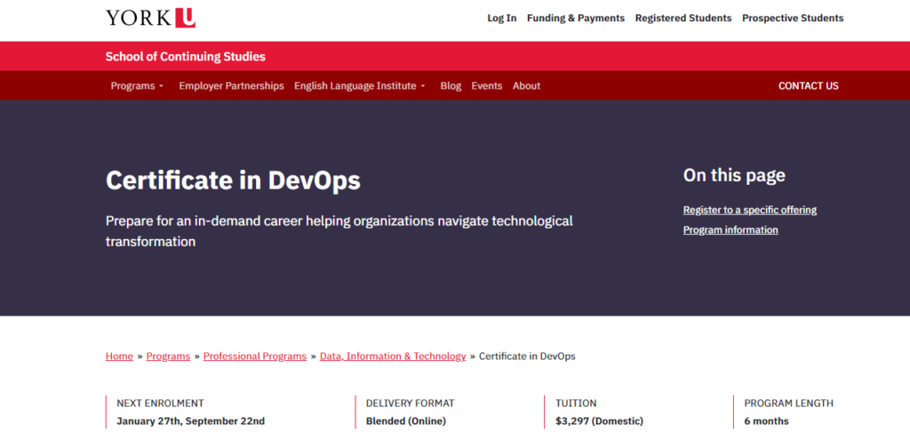 Screenshot of Certificate in DevOps landing page