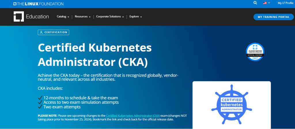A screenshot of the landing page of the Certified Kubernetes Administrator course