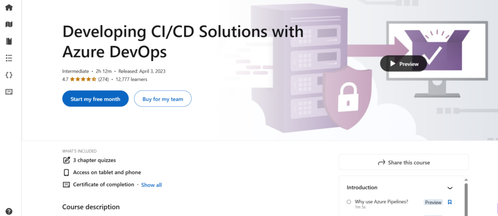 Screenshot of the Developing CI/CD Solutions with Azure DevOps course page