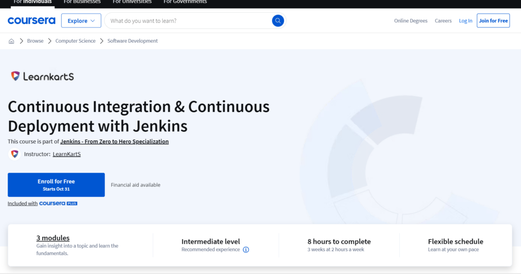 Screenshot of the Continuous Integration & Continuous Deployment with Jenkins course page