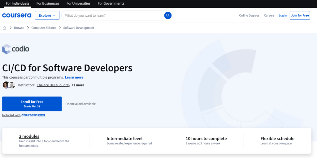 Screenshot of the CI/CD for Software Developers course page
