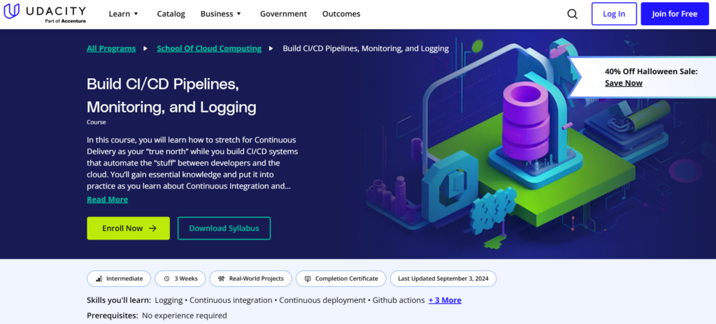 Screenshot of the Build CI/CD Pipelines, Monitoring, and Logging course website