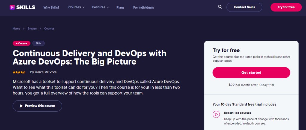 Continuous Delivery and DevOps with Azure DevOps, a devOps course