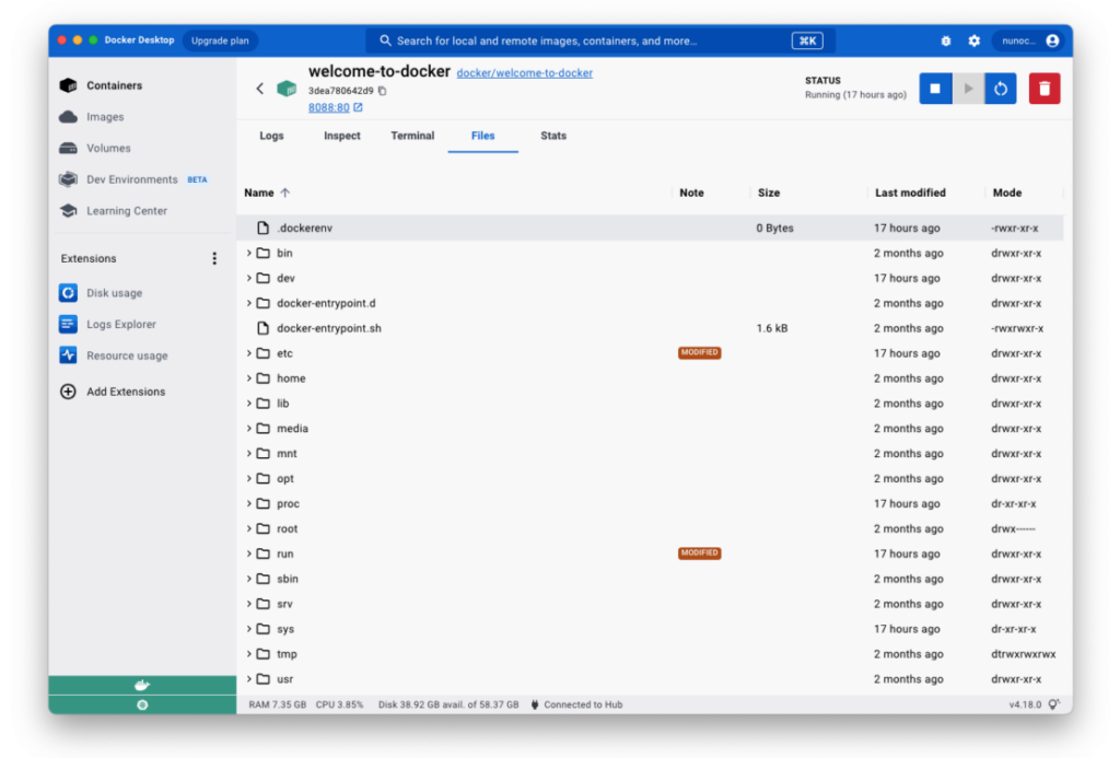 Docker review, showing the container file explorer UI that helps check or replace files