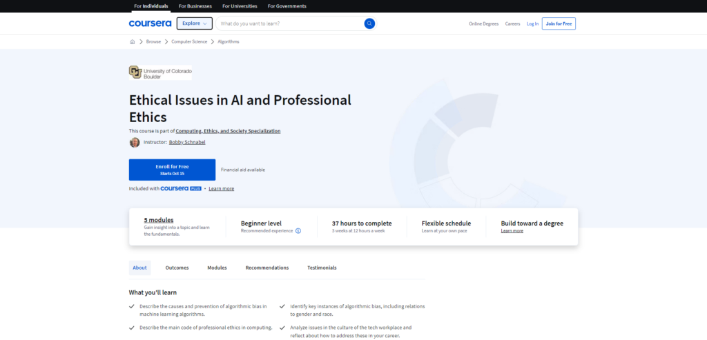Ethical Issues in AI and Professional Ethics course landing page