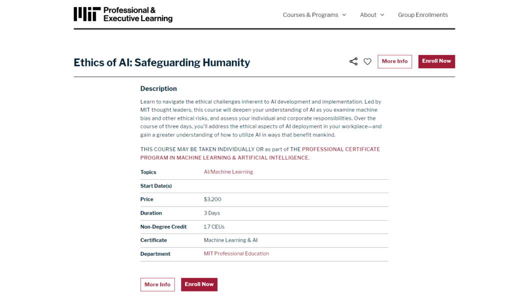Ethics of AI: Safeguarding Humanity course landing page