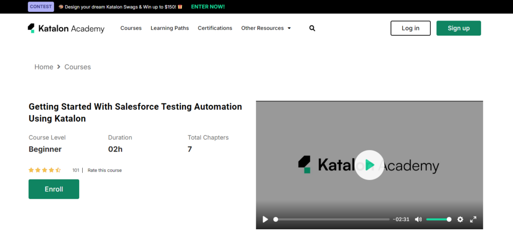 Getting Started With Salesforce Testing Automation Using Katalon course landing page