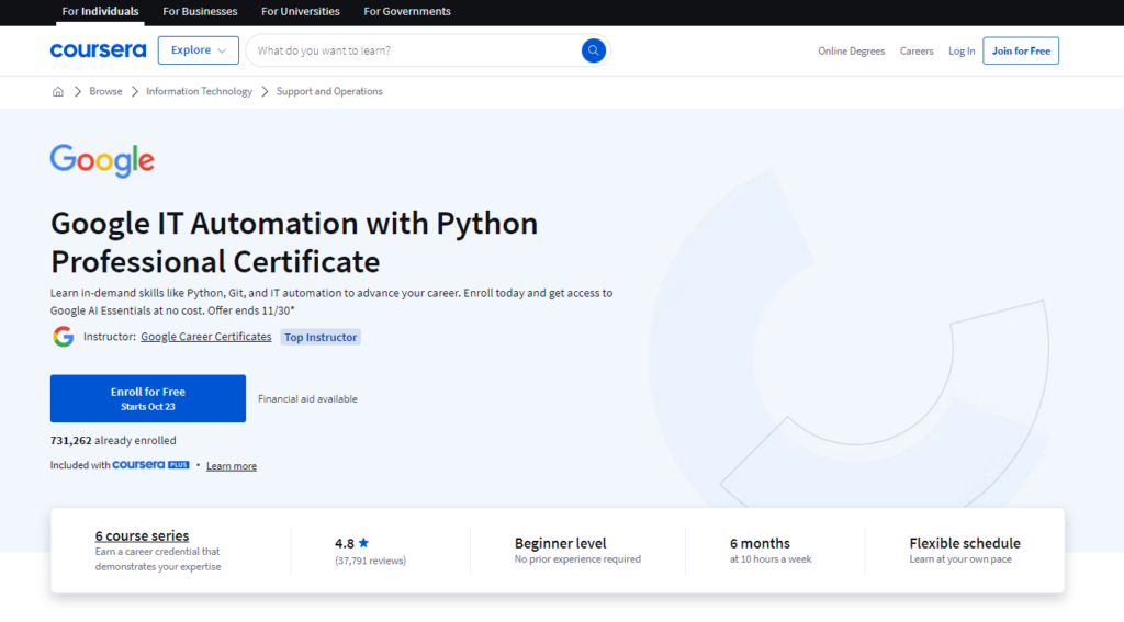 Google IT Automation with Python Professional Certificate course landing page