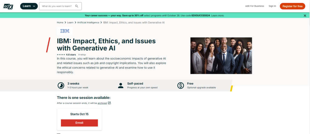 Impact, Ethics, and Issues with Generative AI course landing page