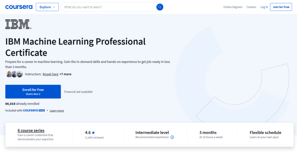 The IBM Machine Learning Professional Certificate course enrollment page