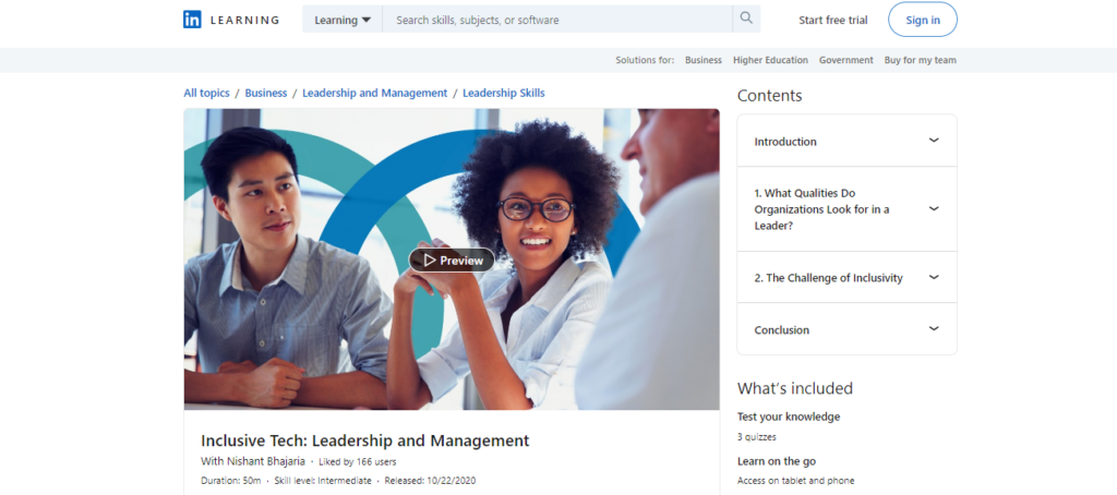 Inclusive Tech: Leadership and Management course's landing page