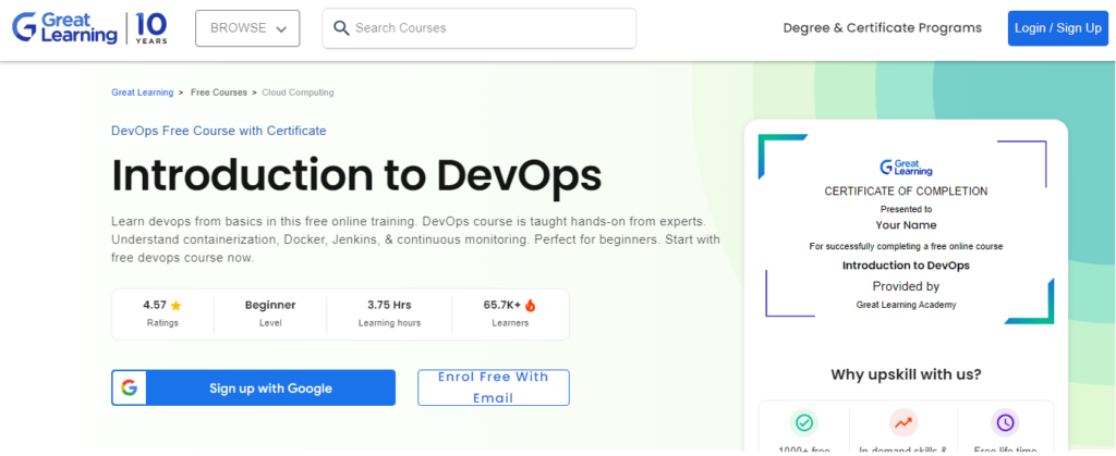 Screenshot of the Introduction to DevOps course landing page