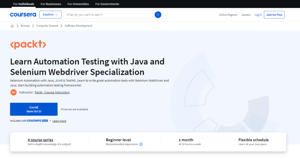 Learn Automation Testing with Java and Selenium Webdriver Specialization course landing page