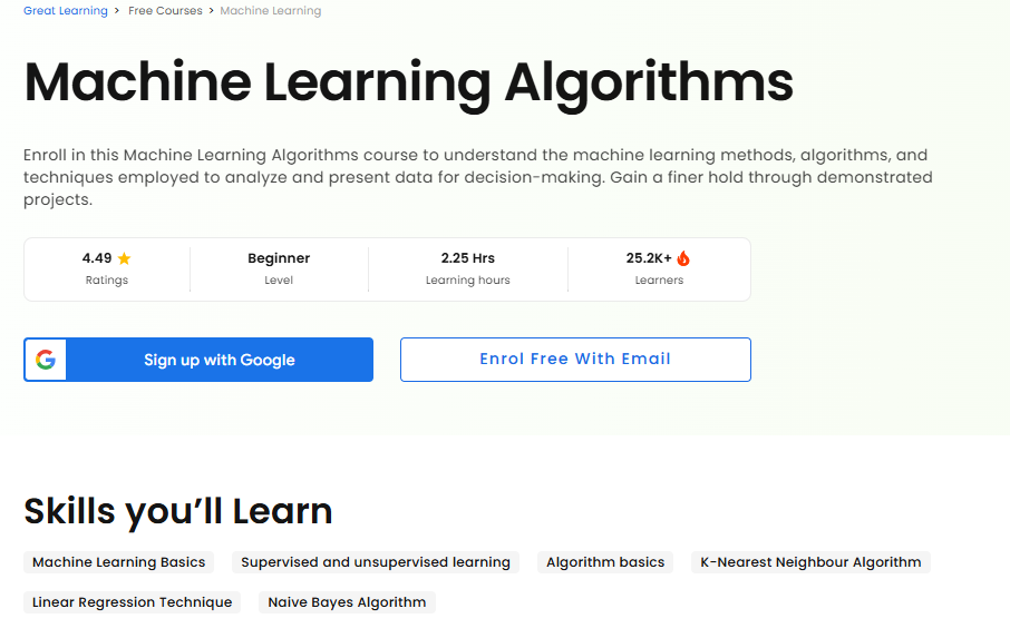 The Machine Learning Algorithms course overview page