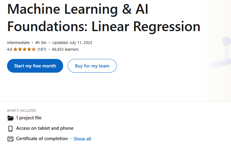 The Machine Learning & AI Foundations: Linear Regression course enrollment page