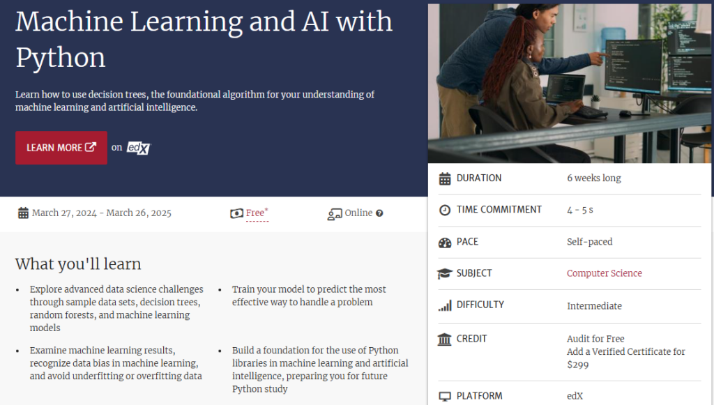 The Machine Learning and AI with Python course overview page
