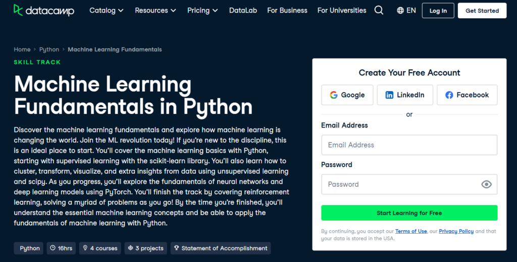 Screenshot of the Machine Learning Fundamentals in Python course page