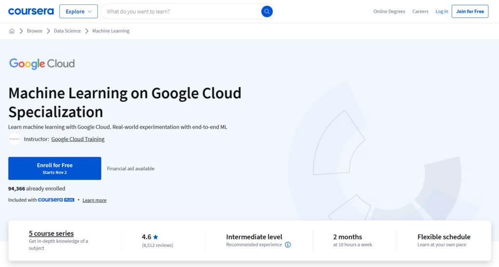 The Machine Learning on Google Cloud Specialization course enrollment page