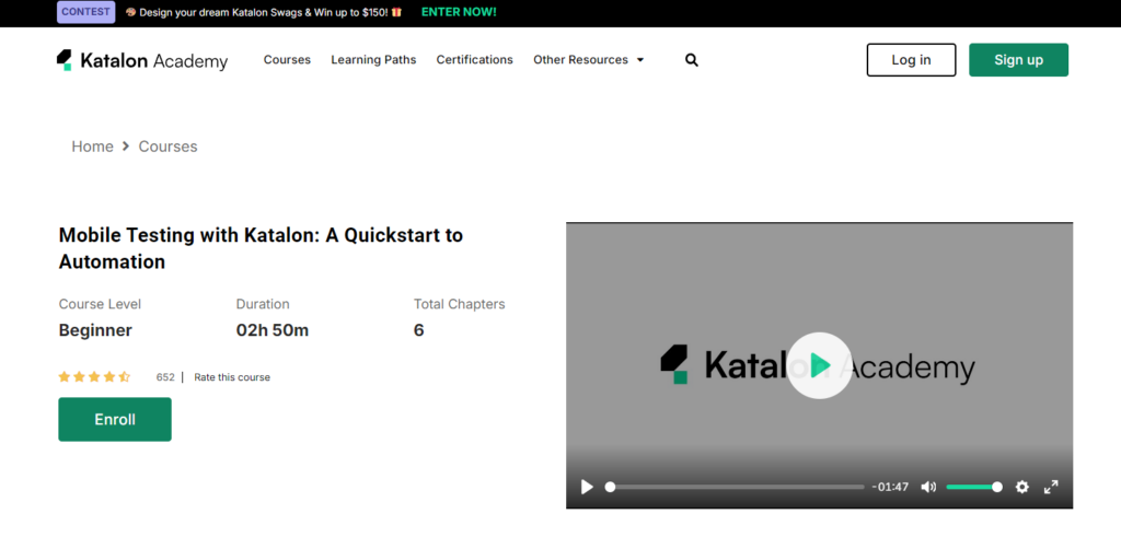 Mobile Testing with Katalon: A Quickstart to Automation course landing page