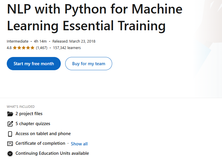 The NLP with Python for Machine Learning Essential Training course enrollment page