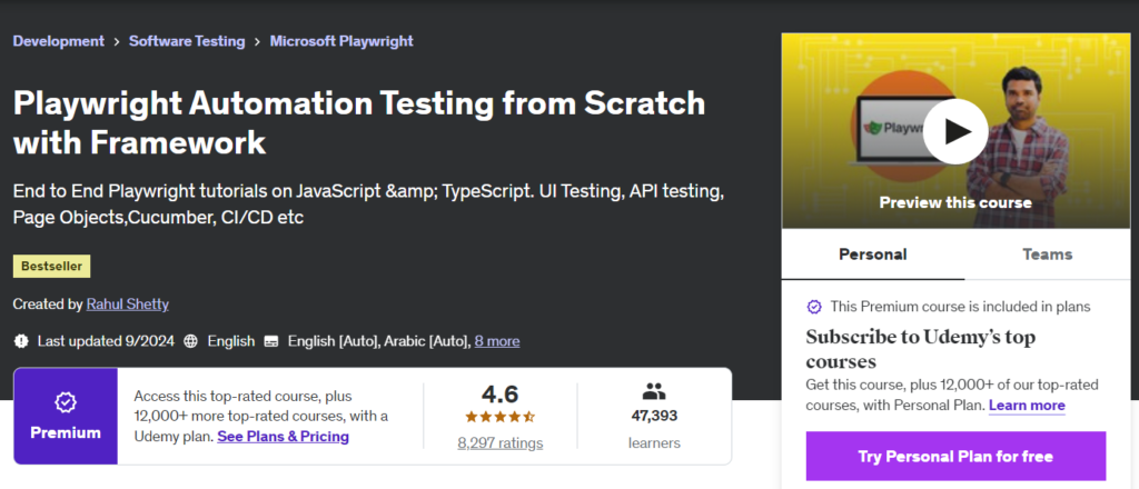 Playwright Automation Testing from Scratch with Framework course landing page