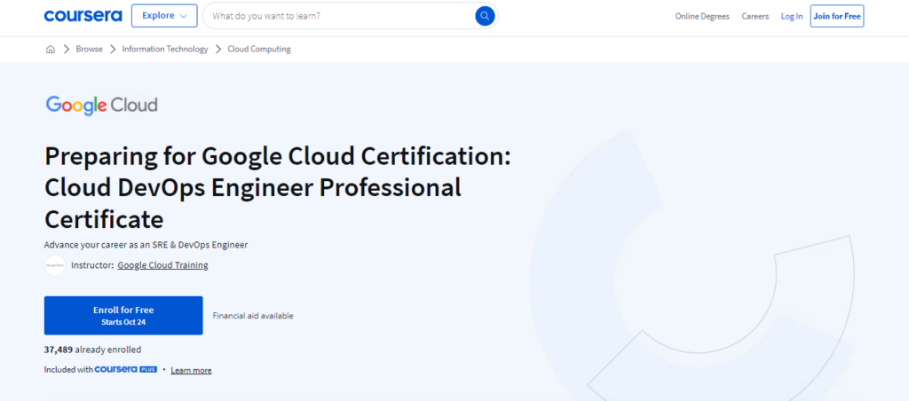 Preparing for Google Cloud Certification: Cloud DevOps Engineer Professional Certificate landing page