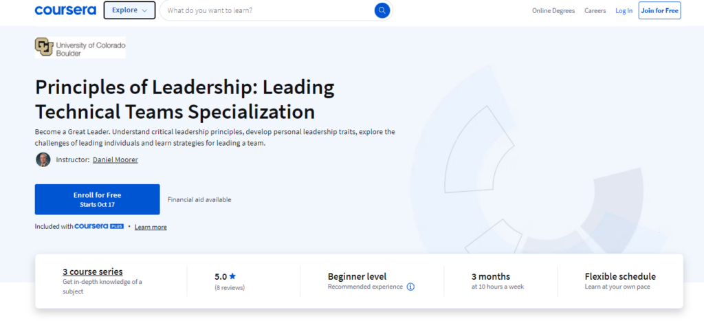 Principles of Leadership: Leading Technical Teams Specialization , a technology leadership course