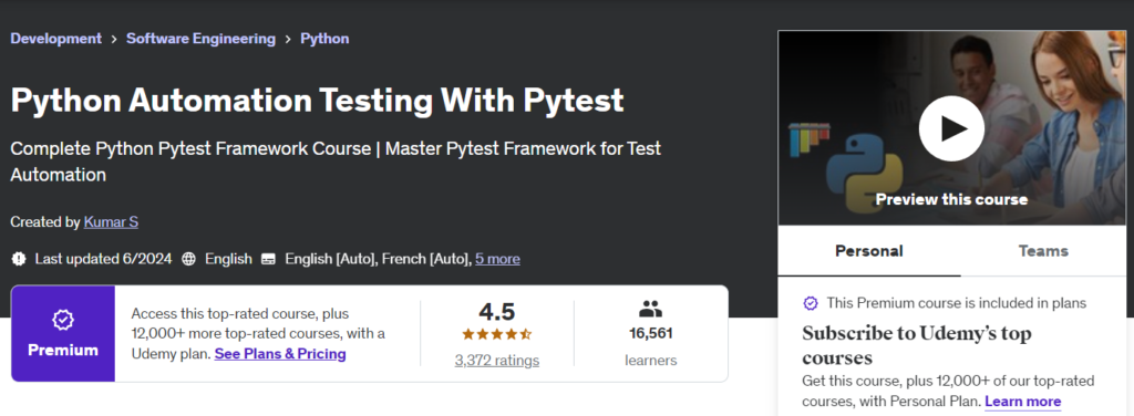 Python Automation Testing With Pytest course landing page