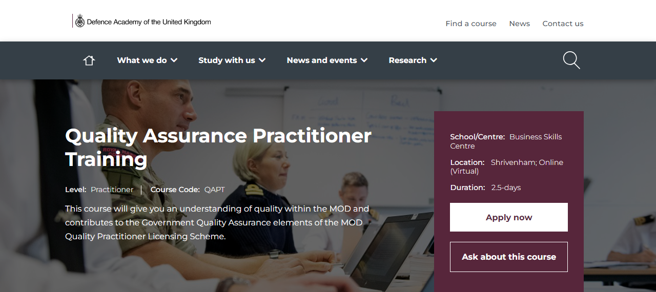 Quality Assurance Practitioner Training page screenshot