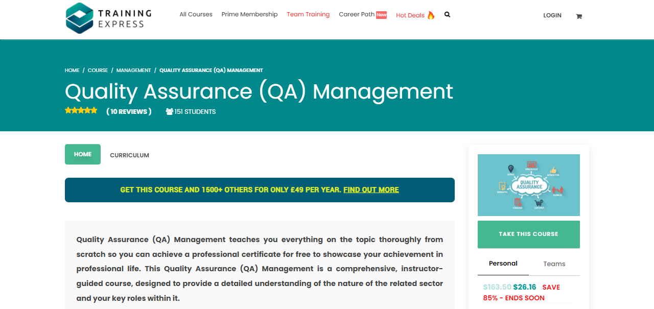 Quality Assurance (QA) Management course landing page