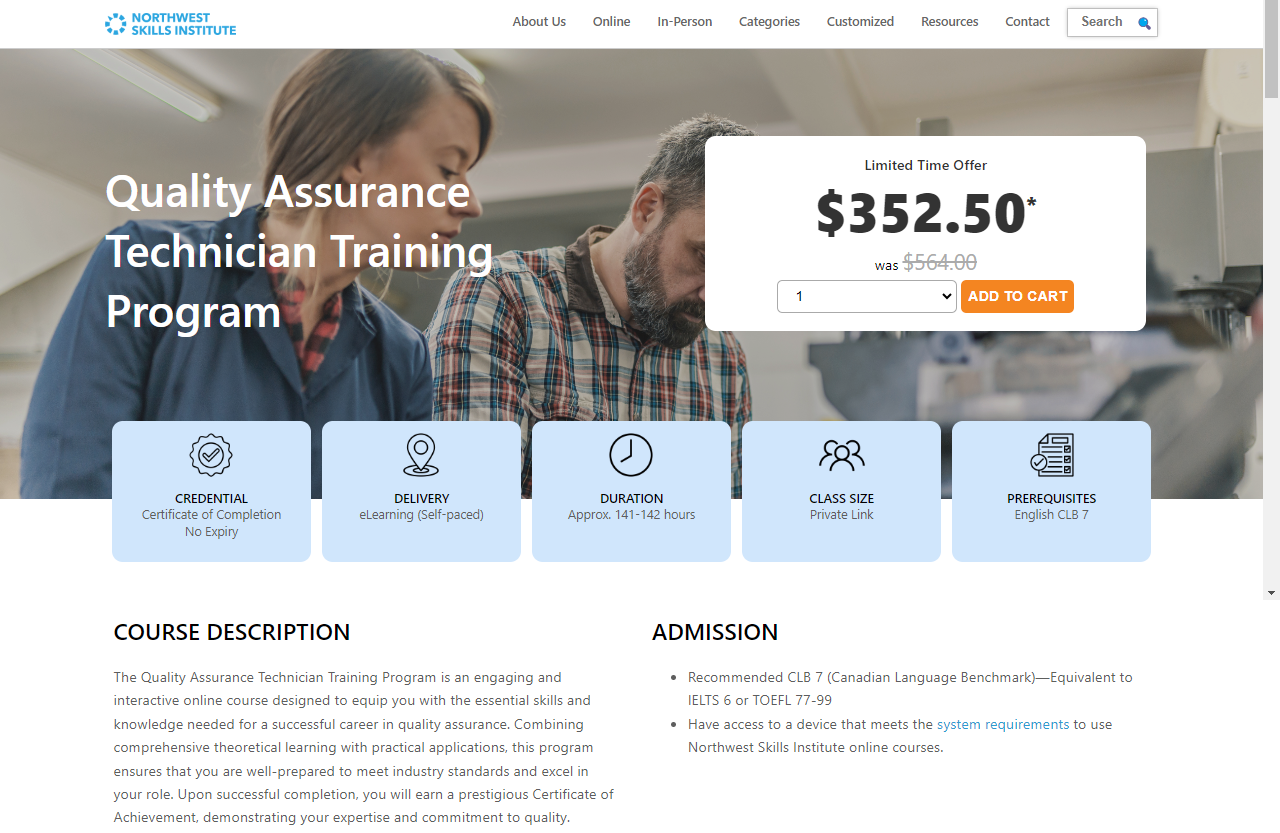 Quality Assurance Technician Training Program landing page
