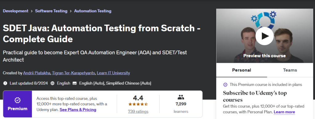 SDET Java: Automation Testing from Scratch course landing page