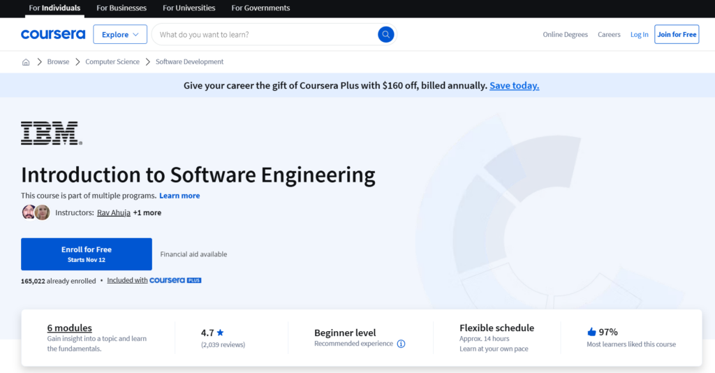 Screenshot of the Introduction to Software Engineering course page